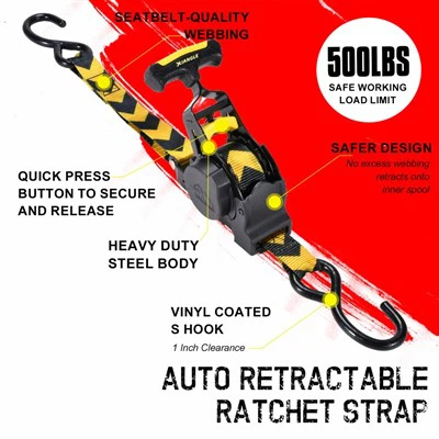 1inch X 10ft Upgraded Rubber Handle Retractable Ratchet Strap