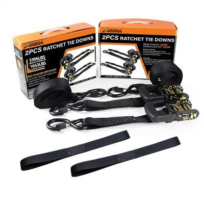 1.5 Inch Ratchet Tie Down Strap With Rubber Handle & Lockable S Hook For Heavy Duty Cargo Storage